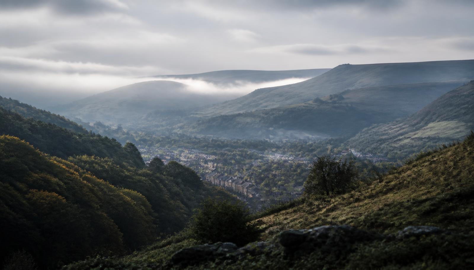 Misty morning over a South Wales valley town