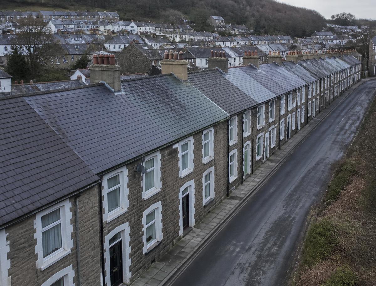 Aerial view of a South Wales terraced street